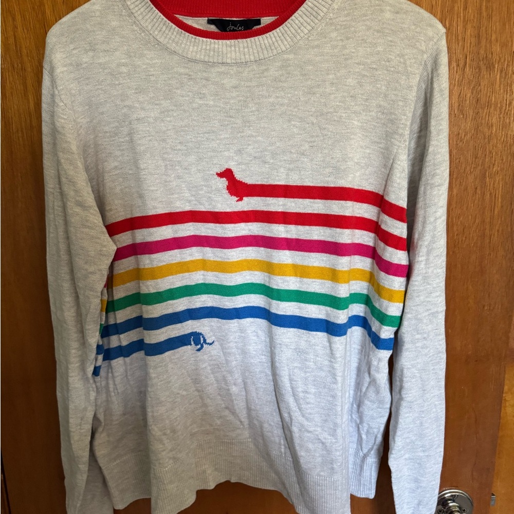 Joules Light Gray Sweater with Rainbow dachshund intarsia, NWT (size U.S. 14)
